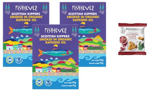 Fish 4 Ever | Smoked Herring Kippers In Organic Rapeseed Oil 110g (Pack of 3) + Primadeli Snack - Sustainably Fished. Tin Canned Food Rich In Omega-3. Great Used On Bread Or With Eggs