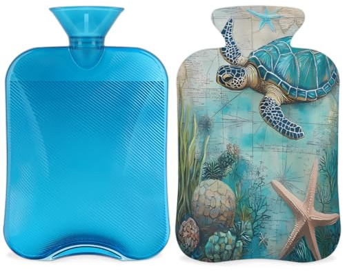 Sea Turtle Hot Water Bottle with Cover, Watercolor Sea World Animal 2L Hot Water Bag for Pain Relief, Neck and Shoulder, Hand Feet Warmer