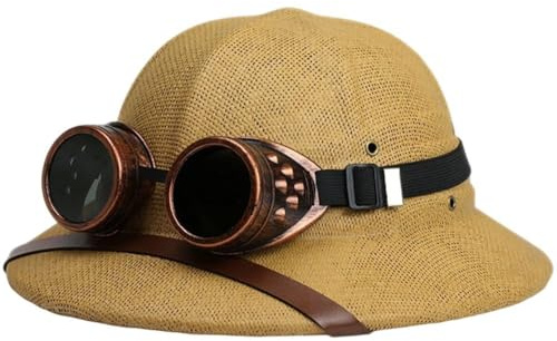 Baokuan Sombrero De Paja con Casco De Médula para Hombre Y Mujer, Sombrero De Verano con Casco De Médula, Parasol, Sombrero De Paja, Gorra De Minero De Selva con Gafas Extraíbles.