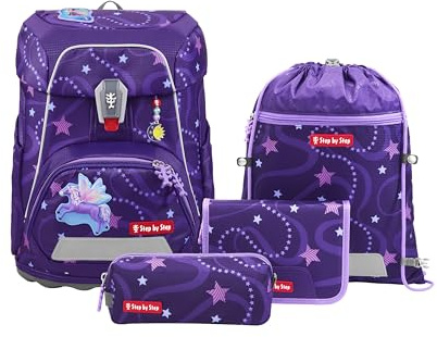 Step by Step Schulranzen-Set FIT „Pegasus Emily“ 5-teilig, lila, Pegasus-Design, ergonomischer Tornister mit Reflektoren, höhenverstellbar mit Hüftgurt für Mädchen ab der 1. Klasse, 19L