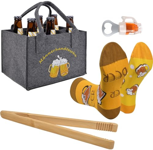 Männerhandtasche Bier Geschenke für Männer - 4 Stück Oktoberfest Geschenk | Männergeschenke mit Flaschentasche Bieröffner Socken Holz Grillzange, Lustig Geburtstagsgeschenk für Herren Freund Geburtstag