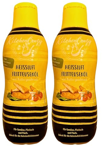 Airfryer & Heißluftfritteusenöl – 2×750 ml – Buttergeschmack – Flüssige Pflanzenöl-Zubereitung für fettarmes Braten von Gemüse, Fleisch & Fisch. KitchenCrazy!