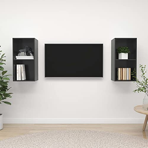 2-tlg. TV-Wandschränke aus Holzwerkstoff, mit 2 Fächern, TV Lowboard Hängend, Fernseher Schrank, für Wohnzimmer, TV Cabinet for Living Room, Sideboard Wohnzimmer, Hochglanz-Grau, 37 x 37 x 72 cm
