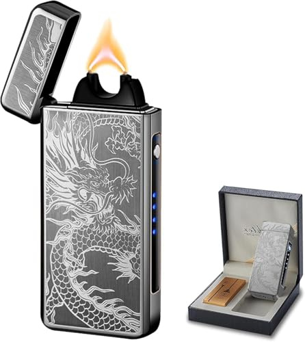SKRFIRE SturmFeuerzeug Elektrisch Feuerzeug Personalisiert Lighter Lichtbogen Feuerzeuge USB Aufladbar Feuerzeuge Mit Gravur mit Batterieanzeige für Männer Weihnachten Geschenk Mann (Obsidian Drache)