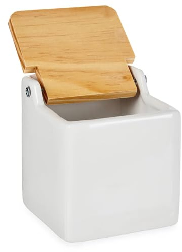 Salero de Cocina de Cerámica Cuadrado con Tapa Abatible de Madera, Tarro Multiusos para Sal, Azúcar y Especias, Diseño Elegante y Resistente, Ideal para el Hogar y Restaurante, Blanco