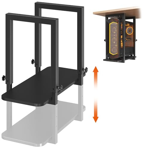 Heavy Duty Under Desk PC Mount, Height Adjustable, Max Load 30kg, Black | Fits Maximum PC Case Size:24.5cm(Width) x 37.3cm(Height), Stable Wood Base(size 56cmx24.5cm ), Easy to Assemble, Space Saving