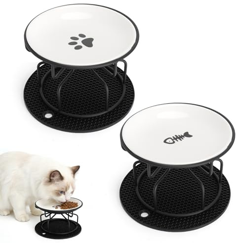 XRVRILE Comedero Gato Elevado ComederoGato Cerámica Comedero para Gato Elevado ComederoGato Ergonómico,Set 2 Comederos con Soporte Metal y Alfombrilla Silicona Antideslizante,Cuenco Gato Agua Comida