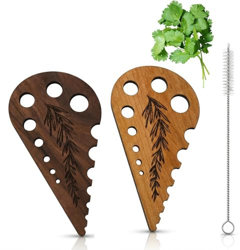 Wooden Vegetable Leaf Separator, 2Pcs Herb Stripper with a Cleaning Brush | Fun Kitchen Gadgets with Multi-Aperture Design, Kitchen Leaf Stripping Tool for Home Cooks & Cooking Pros