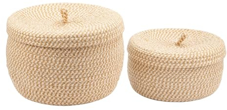 EVERGOODS 2pcs Cotton Rope Woven Storage Baskets with Lids, Egg Basket,Round Decorative Organizer Bins for Toys, Underwear, Sundries, Bedroom Kitchen Living Room