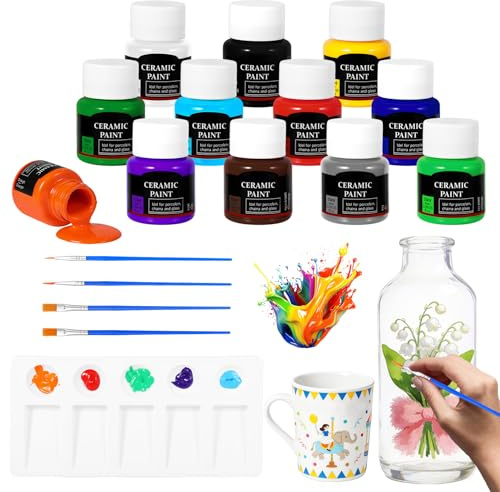 ECBEITF Porzellanfarbe Spülmaschinenfest mit 4 Pinsel und Palette, 25ml x 12 Farben Permanente Keramikfarbe Set für Anfänger und Künstler, Wasserdicht Porzellan Bemalen Set für Keramik, Glas