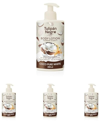Tulip Schwarz Körperlotion mit Dosierer Coco Pure White maximale Feuchtigkeit 400 ml, intensiv parfümiert und für alle Hauttypen (Packung mit 4)