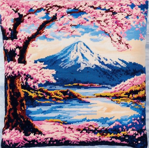 Kit Cuscino Punto Croce Paesaggio Di Montagna Innevata Con Fiori E Alberi Prestampato Cuscino Da Tiro Fai Da Te Ricamato Kit Per Ricamo Completi Decorativo Casa Per Principianti Adulti 11CT 45x45cm