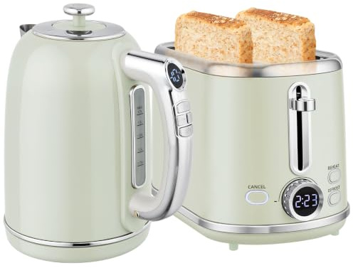 HOMCOM Ensemble Bouilloire et Grille-Pain Inox 2200 W 2 Tranches 1,7 L Gris | Écran LED, Fonction Mémoire Maintien au Chaud, 6 Niveaux de Brunissage, Plateau à Miettes