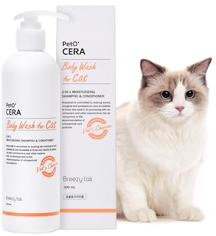 Breezytail PetO’Cera All-in-One Cat Shampoo and Conditioner | Hypoallergenic Cat Skin & Coat Care | Itch Relief, Moisturizing & Rejuvenating | Veterinarian Approved and Formulated (10.1oz, 300ml)