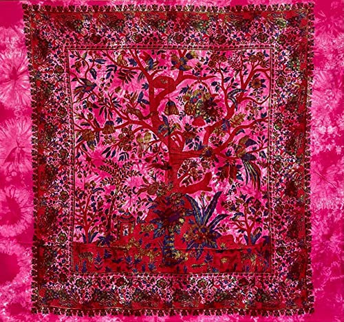 Telo Copritutto Grande Albero Della Vita Multi Color 100% Cotone Indiano Stampato 210x240 cm (Rosa)