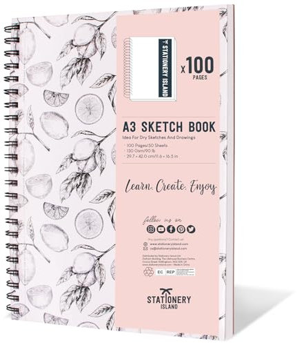 Stationery Island Skizzenbuch A3 –Hochformat A4 Zeichenblock mit Spiralbindung Artist Series mit 100 Seiten und 130 g/m² Papier – zum Zeichnen, Skizzieren, Scrapbooking und zeichenbuch