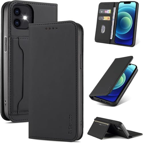 S. Dawezo Handyhülle für iPhone 12 Mini Hülle,Premium Leder Klappbare Flip Case [Stoßfeste][Magnetische][Standfunktion] [Kartenfächern] Tasche Schutzhülle für iPhone 12 Mini-Schwarz