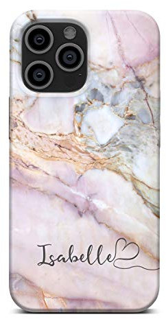 iCaseDesigner Personalised Marble Glitter Flowing Name with Heart Phone Case for Apple iPhone 12/12 Pro - 14. Pink and Blue Colourful Marble Name