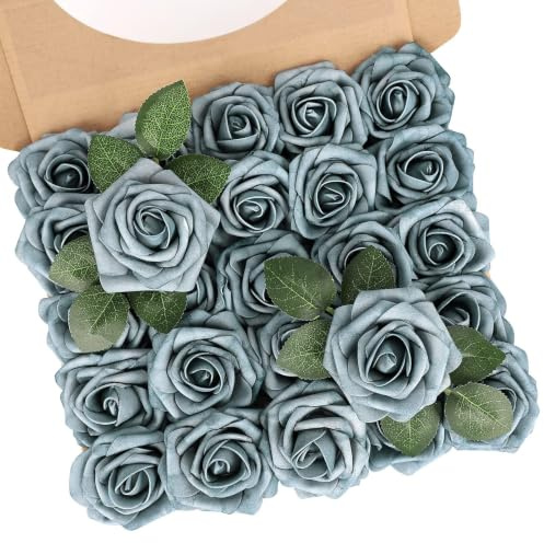 N&T NIETING Artificial Roses Flowers, 25Pcs Real Touch Foam Rose with Stem | Fake Roses for DIY Wedding Bouquet Party Cake Centerpiece Valentine's Day Mother's Day Home Decor, Dusty Light Green