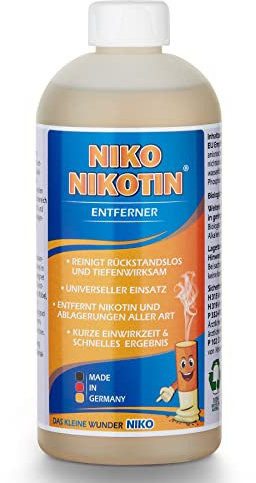 Niko Nikotin Detergente per la rimozione della nicotina, 500 ml, flacone di ricarica privo di solventi. Rimuove i depositi di nicotina di ogni tipo