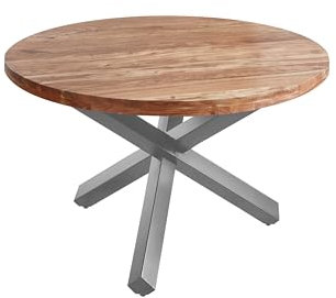 SAM Runder Esszimmertisch 120 cm Runa, Akazienholz massiv, Esstisch naturfarben, Sternfuß aus Metall Silber, Holztisch mit aufgedoppelter Tischplatte 50mm (25+25mm)