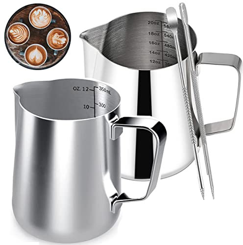 Milchkännchen Edelstahl,QNLEMON 2 Stück Milchkännchen aus Edelstahl Milk Pitcher Milch Aufschäumen Krug Eingebaute Doppelwaage Perfekt für Barista Milchkännchen Klein Cappuccino (350 + 600ml)