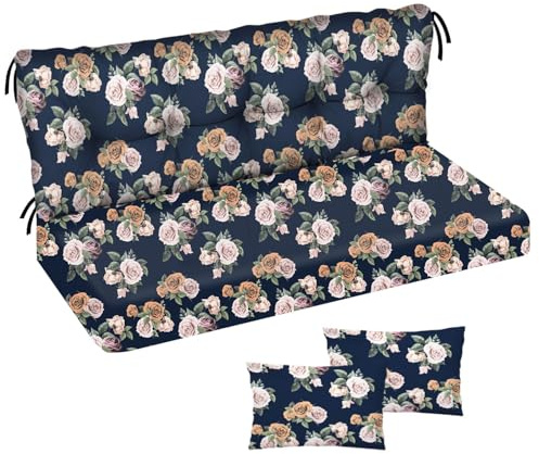 Auflage für Hollywoodschaukel 185x50x50 Gartenbankauflage und 2 Kissen Palettenauflage Bankauflage Sitzkissen und Rückenkissen Polsterauflage Matratze Gartenpolster Glatt-Pik Duneklblau Rosen [133]