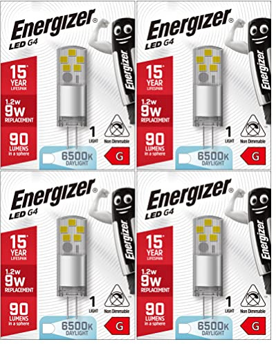 Energizer G4 LED Light Bulb. 1.2W (10w Halogen Equivalent) 12V. 90 Lumens. Bi-Pin Base Energy Saving. Warm White or Daylight (4, Daylight 6500k)