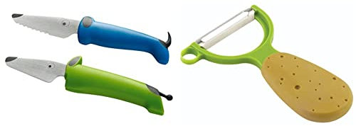 KUHN 22289 RIKON Kinderkitchen Messerset 2-teilig, grün/blau, & Gemüsesparschäler Veggie Kartoffel, gerade Klinge