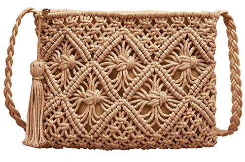 MEGAUK Umhängetasche mit Fransen Damen Schultertasche Fransentasche Quasten Stroh gewebte Strandtasche für Frauen, Khaki