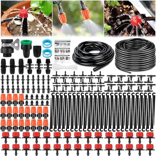 Sistema de riego Jardín, 243PCS Sistema de Riego por Goteo, 40M 4/7+5M 13/16 Kit Riego con Ajustable Boquilla Aspersor Pulverizador y Gotero Automatico para Jardin Invernadero Césped Patio Terraza