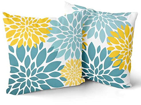 Blumen-Kissenbezüge, dekorativer Überwurfkissen, gelb, blau, floraler Kissenbezug, 45.7x45.7 cm, 2 Stück, Baumwolle, Dahlie, Blaugrün, Terrasse, Kissenbezug für Couch, Sofa, Reißverschluss, Türkis