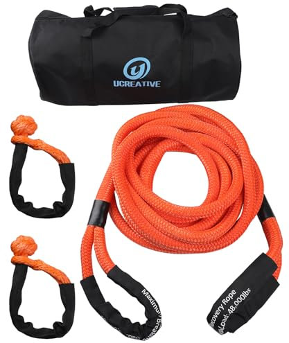 Ucreative 1 x 30' Kinetic Recovery & Tow Rope Kit Max 48,000 lbs Breaking Strength with 2PCS Synthetic Soft Shackles for Off-Road Vehicle 4WD Pick Up Truck SUV (Orange)