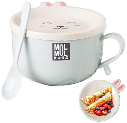 HEYCE Noodle Bowl,Cartoon Rabbit Ramen Noodle Bowl - Bowl with Lid Insulated Cutlery Stainless Steel Microwave and Dishwasher Safe for Pho Udon Soba Noddle