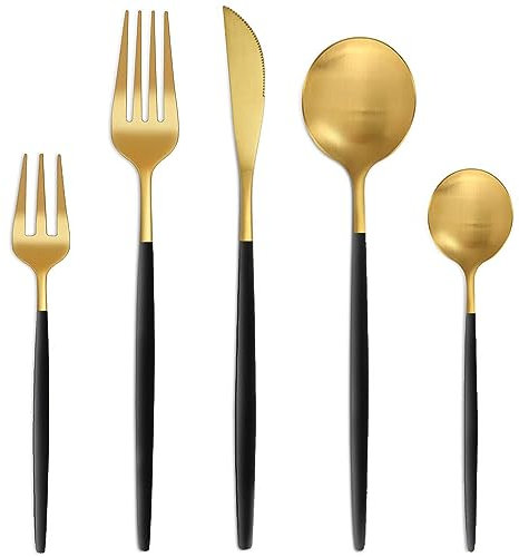 Bestdin Set de couverts 6 personnes, 30 pièces noir or mat, Set de couverts avec couteau, fourchette et cuillère, Set de couverts en acier inoxydable de haute qualité, lavable en machine.