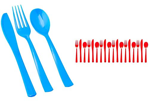 Unique UK 39492 Royal Blue Assorted Plastic Cutlery Set 18 Pcs, Pack of 18 & 39484 Assorted Plastic Reusable Cutlery Set 18 Pcs, Ruby Red, Pack of 18