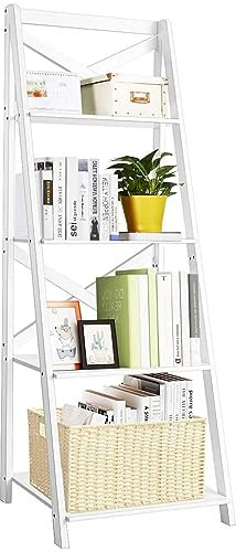 HOMASIS Estantería de Escalera para Libros con 4 estribos, Expositor, Soporte para Plantas, portaobjetos Multifuncional de Madera para Spgdía, Dormitorio, 50,7 x 46 x 142,5 cm (1, Blanco)