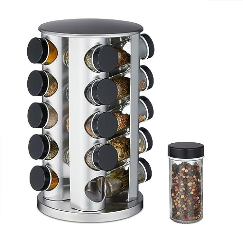 Relaxdays Carrusel Especiero Giratorio, 20 Dosificadores, Rotatorio, Soporte Especias Rellenables, Acero Inoxidable, Plata/Negro, 34,5 x 22 x 22 cm