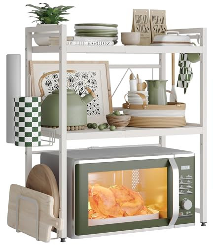 NETEL Soporte para Microondas de 3 Niveles,Organizador de Cocina Multifuncional Completo con Soporte para Toallas de Papel y Soporte para Tabla de Cortar,Blanco, Extensible de 40 a 60 cm