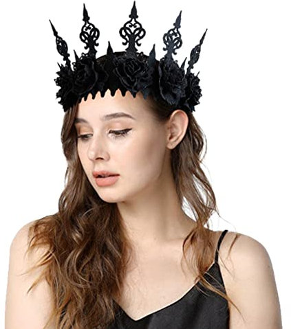 Kopfschmuck Gothic Stirnband Boho Krone Halloween Kostüm Zubehör Schwarz Haarreif Braut Hochzeit Blumenkranz Vintage Haarkranz Karneval Fasching Kopfband für Cosplay Festival Make Up (Schwarz)