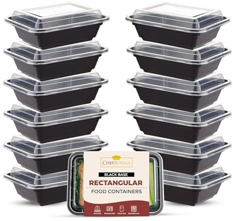 CHEF ROYALE [12 Pack x 58oz Large Rectangular Black Base Meal Prep Containers - BPA Free Storage with Airtight Lids-Microwave, Dishwasher Safe-Stackable Lunch Boxes - Reusable