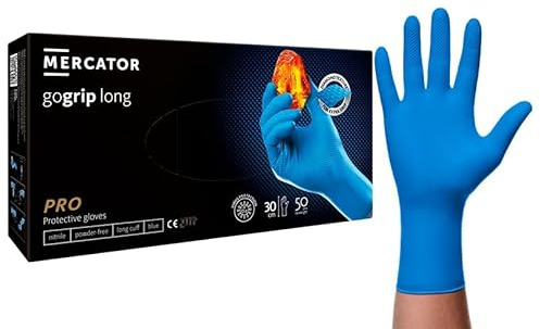 NAJDER MERCATOR GOGRIP Nitrilhandschuhe lang 30 cm Größe M / 50 Stück starker Griff, sehr langlebig, beständig gegen Fett und Öl, für Mechaniker, Lebensmittelarbeiter, blau