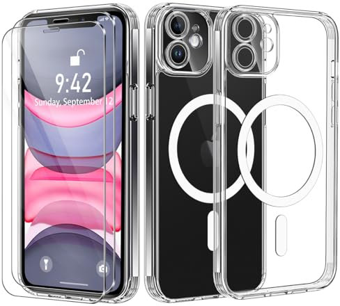 Niphabe Magnetica Cover Compatibile con iPhone 11 6.1 con 2 Vetro Temperato,Anti Ingiallimento Protezione Fotocamera Hard PC Bumper TPU Ultra Antiurto Custodia iphone 11 Trasparente