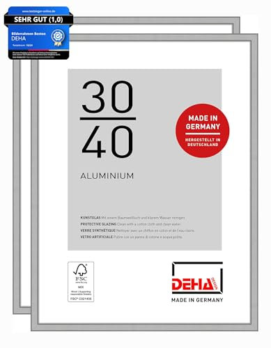 DEHA Design Bilderrahmen, 30 x 40 cm (2er Set), Aluminium, Silber matt, Fotorahmen zum Aufhängen im Hoch- & Querformat, bruchsicheres Kunstglas, Boston