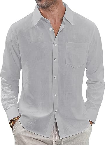 J.VER Leinenhemd Herren Sommer Männer Langarm Businesshemd Herren Strand Hemd Freizeithemd Leichtes Strandoberteil mit Tasche,Grau,XL