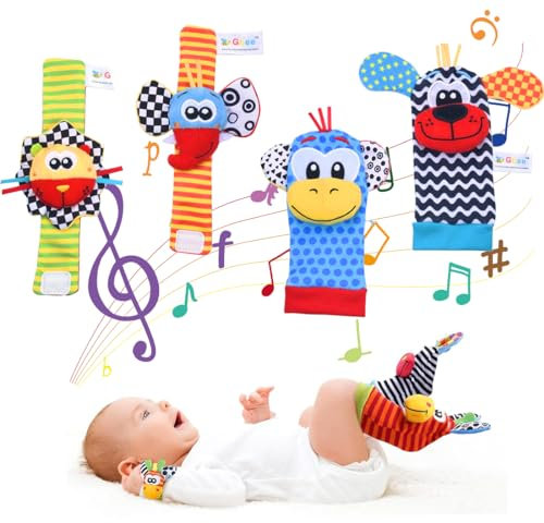 GGUFAY Hochets Pour BéBé Jouet Poignet Et Chaussettes, Jouet Bebe 3 Mois 2pcs Souple Poignet De Bell Strap Hochets Et Chaussettes Pied Finder Set Jouets D'éVeil