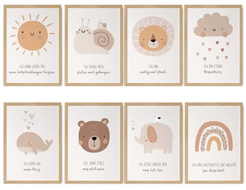 HappyArts® | Kinderzimmer Bild 8er Set A4 Affirmationen Poster Deko Mädchen Junge Babyzimmer | Affirmationsposter Affirmationen Selbstliebe Achtsamkeit OHNE RAHMEN