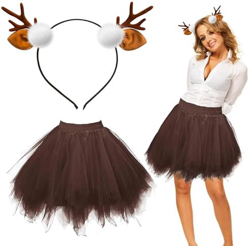 LYNBLY Rentier Kostüm Damen, Rentier Haarreif und Tüllrock, Geweih Kostüm, Rentier Karneval Damenkostüm, Reh Kostüm Tierkostüm Erwachsene für Halloween Karneval Cosplay