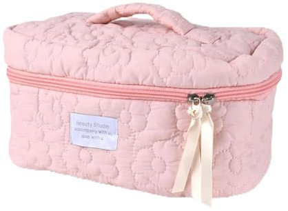 Fycyko Groß Kulturbeutel Damen Herren Gross Kulturtasche Schminktasche Kosmetiktasche Reise Waschtasche Baumwolle Gesteppte Make-up-Tasche mit Blumenmuster für Kinder Mädchen (Rosa, Groß)