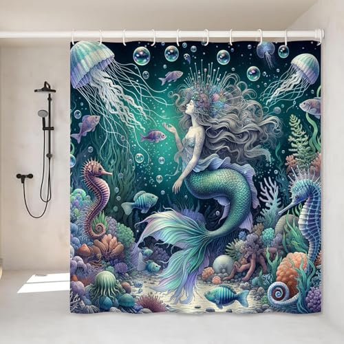 VODRM Niedlicher Meerjungfrauen-Duschvorhang, 183 x 183 cm, Korallen-Krake, Badezimmer-Dekor mit 12 Haken, Ozean, wasserdichte Vorhänge, moderne Wohnzimmer-Dekoration und